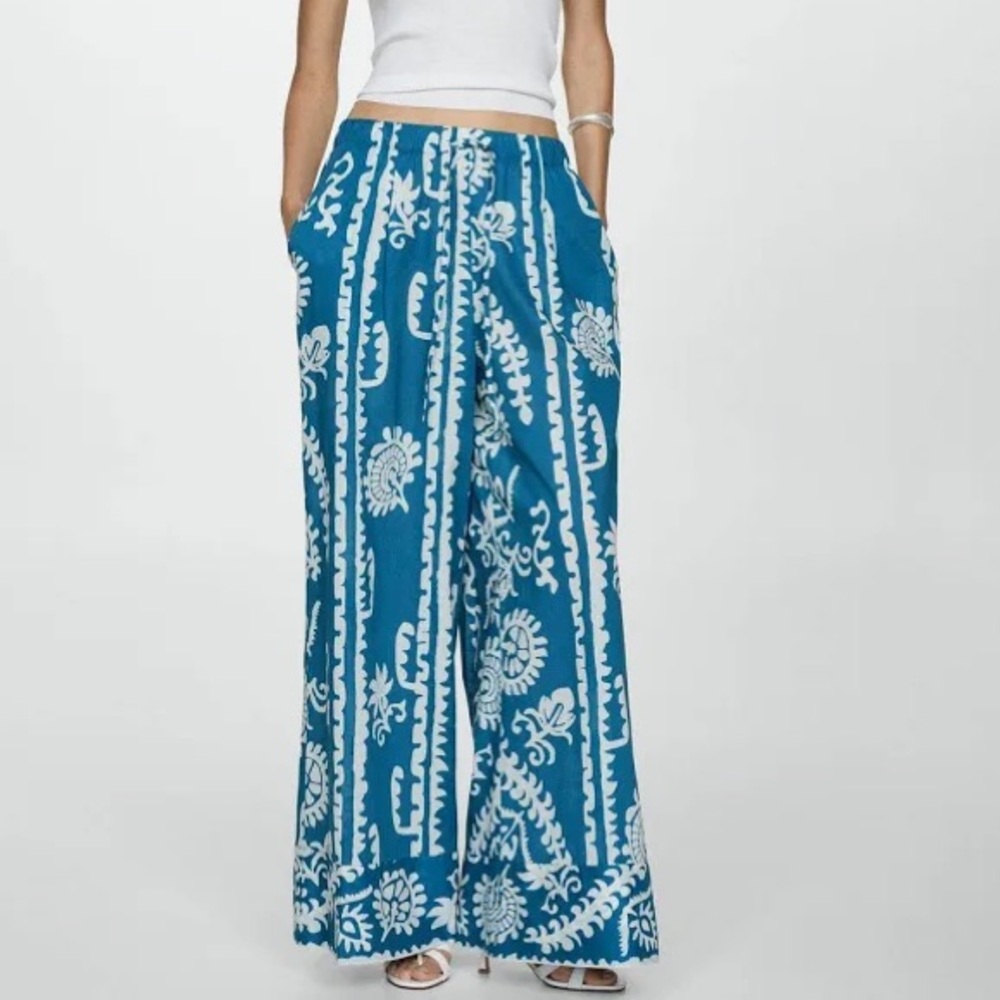 Mango blue and white wide leg printed pants size S